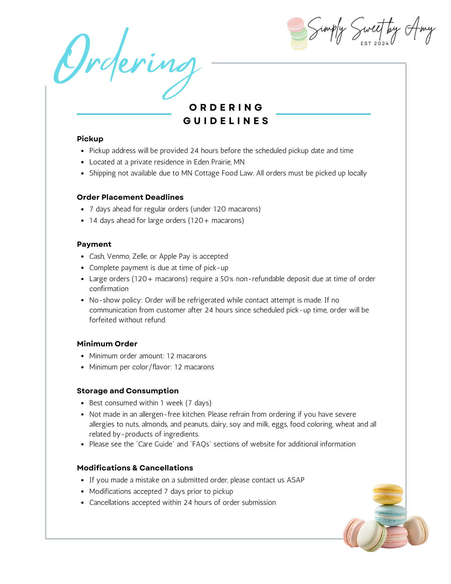 Simply Sweet by Amy Ordering Guidelines